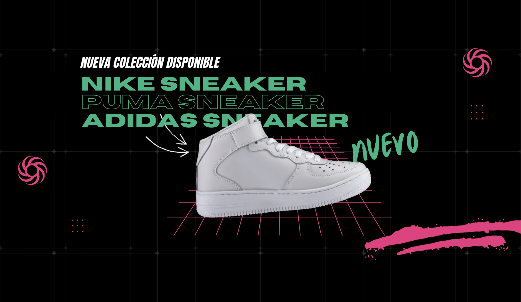 Publicité animée: Sneakers blancs 2025 sur fond digital, marques Nike, Puma, Adidas.